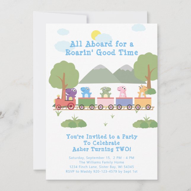 Invitation Dinosaures En Train Tous À Bord Anniversaire (Devant)