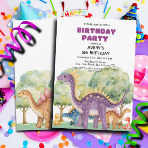 Invitation Dinosaures et Arbres Colorée 5e fête d'anniversair