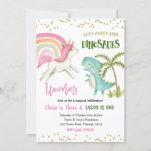 Invitation Dinosaures et Unicornes Sibling Birthday Invitatio