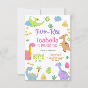Invitation Dinosaures fille TWO-REX 2ème anniversaire invitat