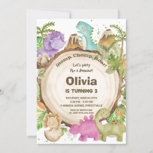 Invitation Dinosaures mignonnes Fille 1er anniversaire