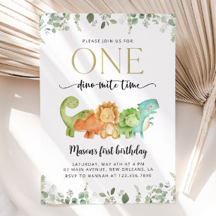 Invitation Dinosaures mignons, T-Rex, Jurassique, Premier Ann