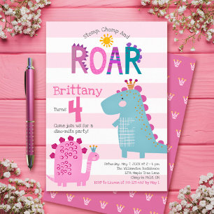 Invitation Dinosaures roses mignons Stomp Chomp Roar Girl Ann