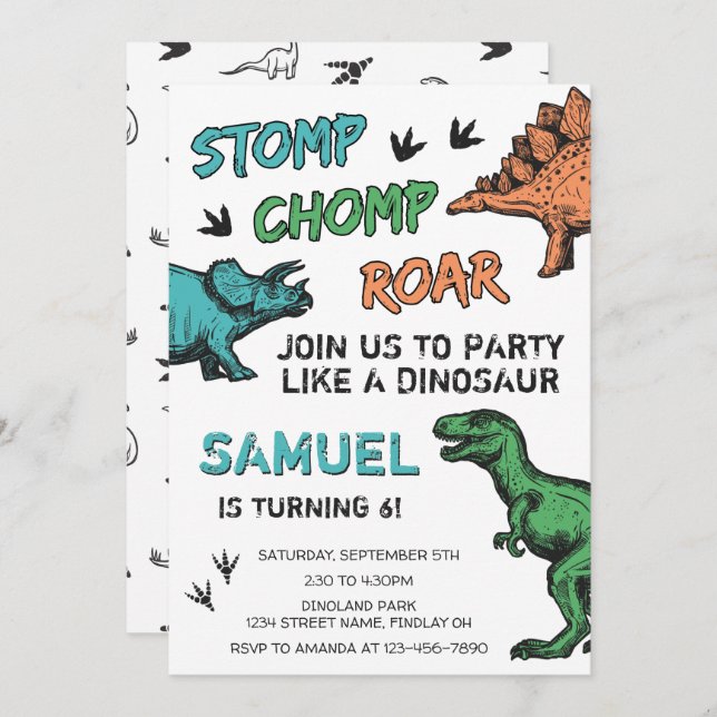 Invitation Dinosaures Stomp Chomp Roar Anniversaire fête, n'i (Devant / Derrière)