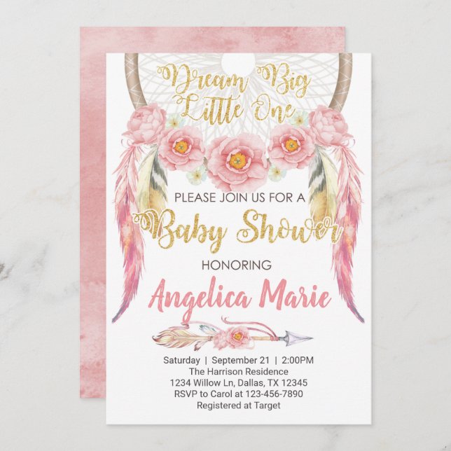 Invitation d'invitation Baby shower Pink Dreamcatc (Devant / Derrière)