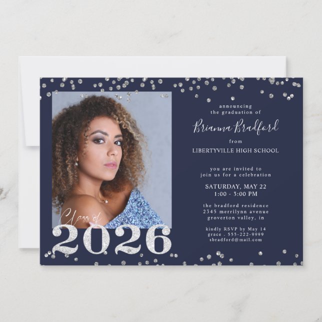 Invitation Diplôme 2026 Bleu Marine Paillettes Argentées (Devant)
