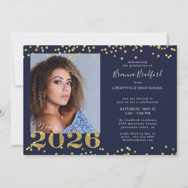 Invitation Diplôme 2026 Bleu Marine Paillettes Dorées (Devant)