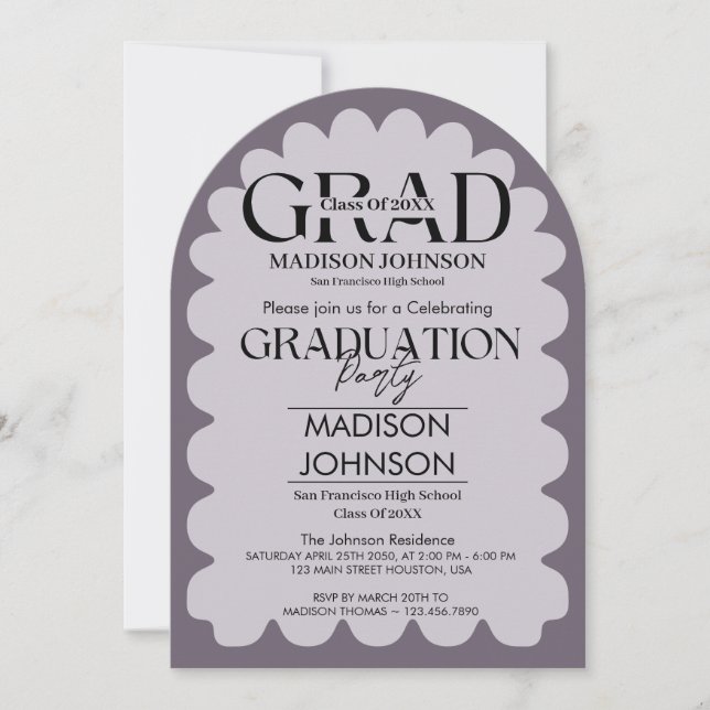 Invitation Diplôme Arche Violet Ondulée Gribouillis Courbe Ré (Devant)