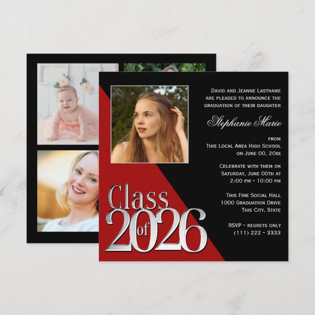 Invitation Diplômé Argent 2026 Rouge avec Photo (Devant / Derrière)