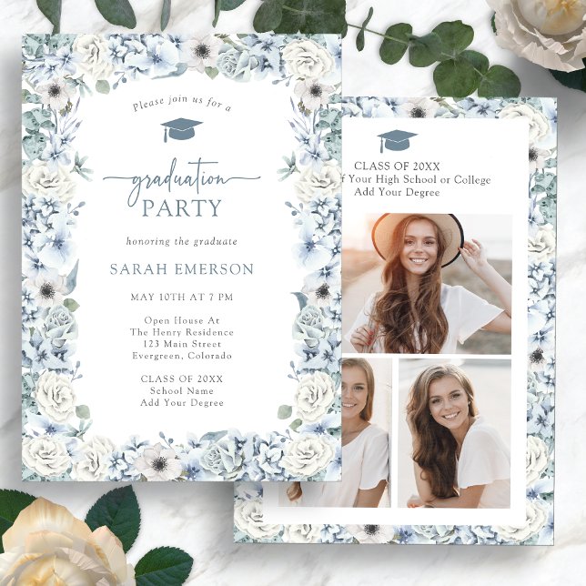 Invitation Diplômé aux fleurs bleues (Watercolor Blue Floral Graduation Party Invitation Photo Collage by Painted Paperie
)