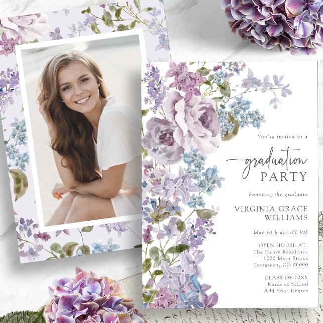 Invitation Diplômé aux fleurs violettes (Purple Floral Graduation Invitation Picture on back by Painted Paperie
)