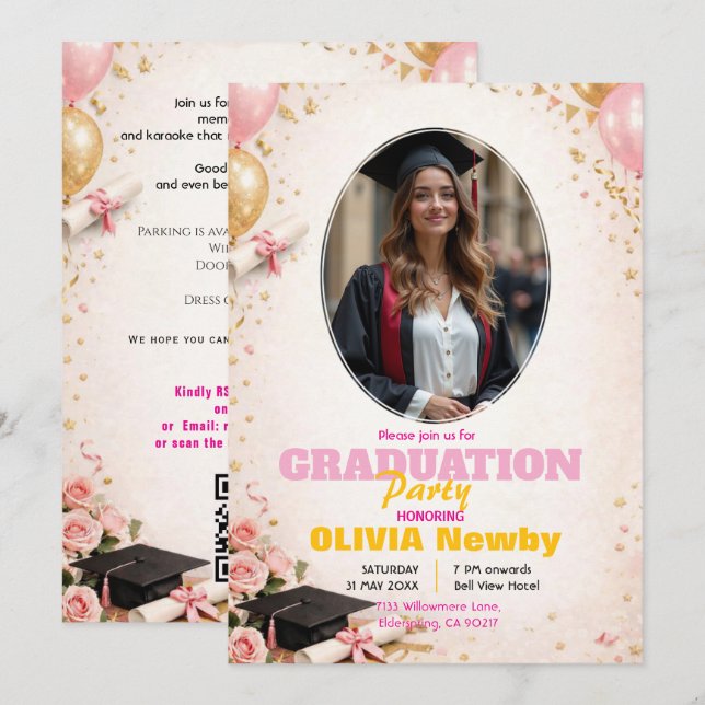 Invitation 🎓Diplôme avec code QR Rose & Ballon Lumineux Grad (Devant / Derrière)