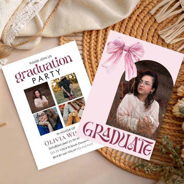 Invitation Diplômé avec ruban rose et blanc avec photos (Créateur téléchargé)