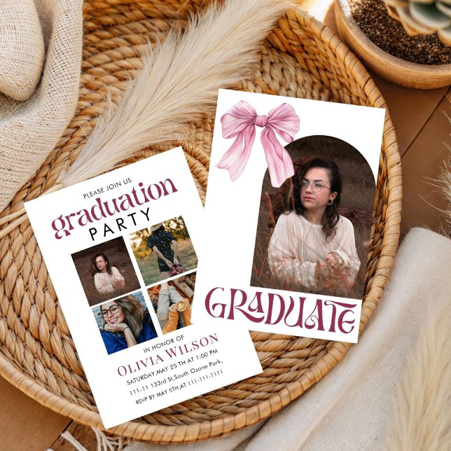 Invitation Diplômé avec ruban rose et blanc avec photos (Créateur téléchargé)