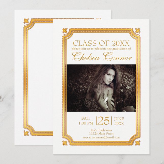 Invitation Diplôme 🎓 blanc et or (Devant / Derrière)