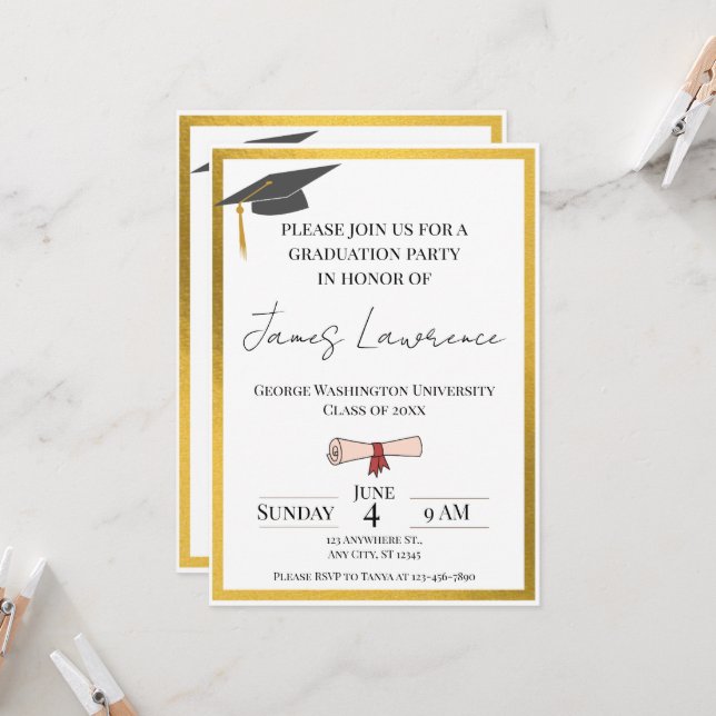 Invitation Diplôme Bordure Dorée  (Devant/Arrière en situation)