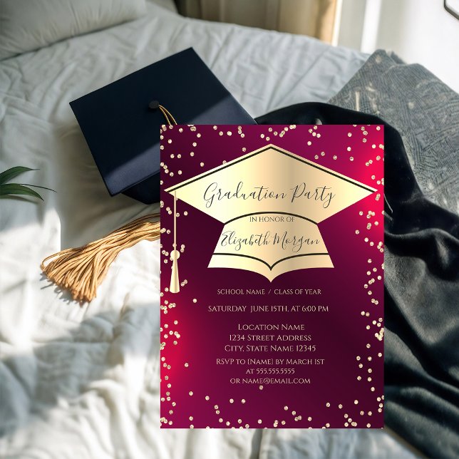 Invitation Diplôme, Cadre de diamants Cap de graduation rouge (Créateur téléchargé)