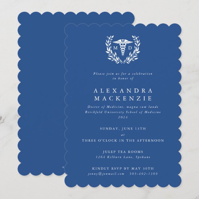 Invitation Diplôme Caducée MD + Couronne de Laurier Bleue (Devant / Derrière)