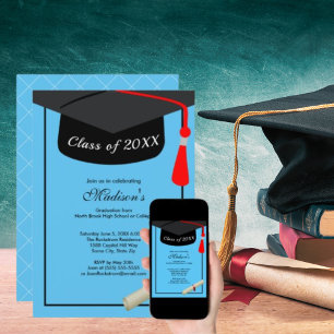 Invitation Diplôme Casquette noir Moderne Sky Blue Graduation