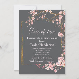 Invitation Diplôme Charbon et Fleur de Cerisier Rose Humeur