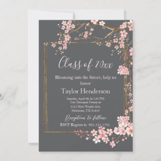 Invitation Diplôme Charbon et Fleur de Cerisier Rose Humeur