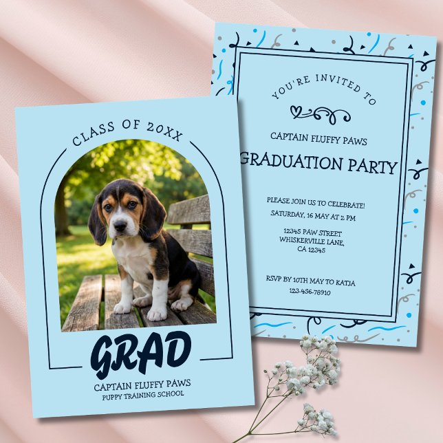 Invitation Diplômé Chien Photo de bébé bleu clair et marine (Dog Graduation Party Invitation cards Pet Photos Baby Blue and navy blue)
