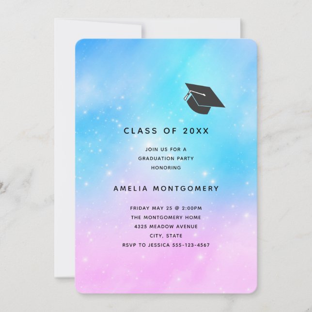 Invitation Diplômé Ciel Dégradé Pastel Rose et Bleu (Devant)