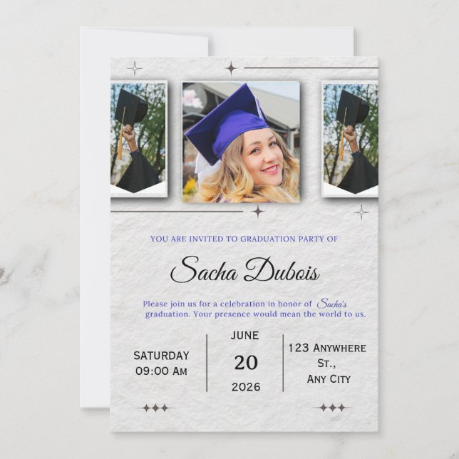 Invitation Diplôme Classique Bleu et Noir  (Devant)