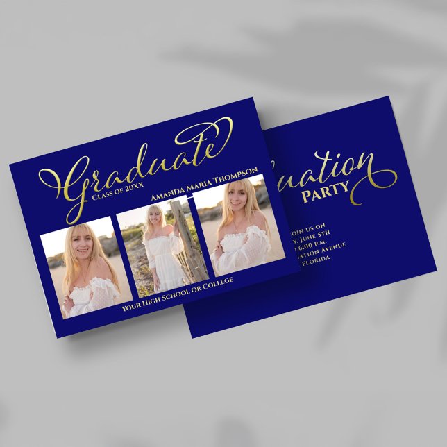 Invitation Diplôme Collage Photo Écriture Or Bleu Marine (Navy blue and gold script graduation photo collage announcement with three senior portraits.)