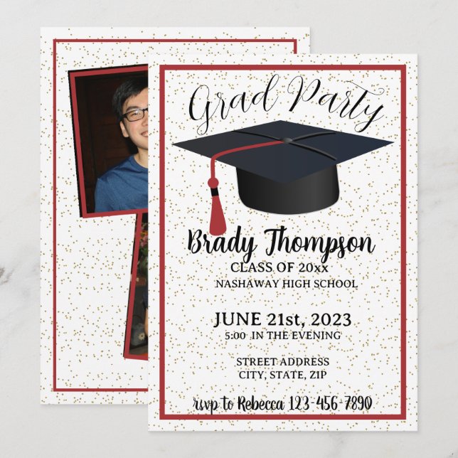 Invitation DIPLÔMÉ - Couleurs de l'école ROUGE - 2 Photo (Devant / Derrière)