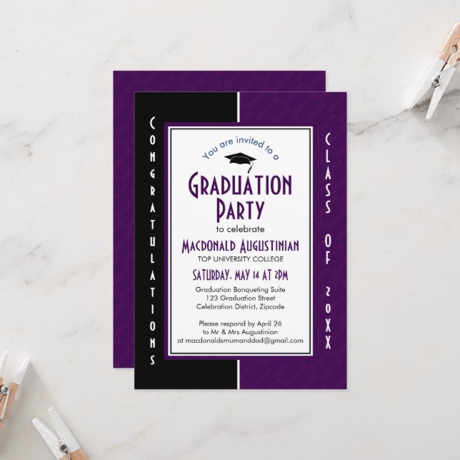 Invitation DIPLÔME Coutume VIOLET Diplômé en Droit (Devant/Arrière en situation)