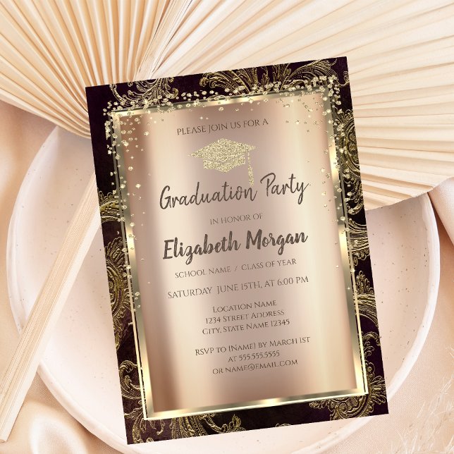 Invitation Diplôme Damassé Floral Diamants Or  (Créateur téléchargé)