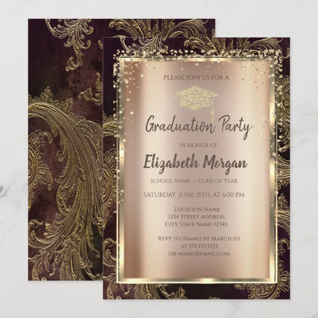 Invitation Diplôme Damassé Floral Diamants Or  (Devant / Derrière)