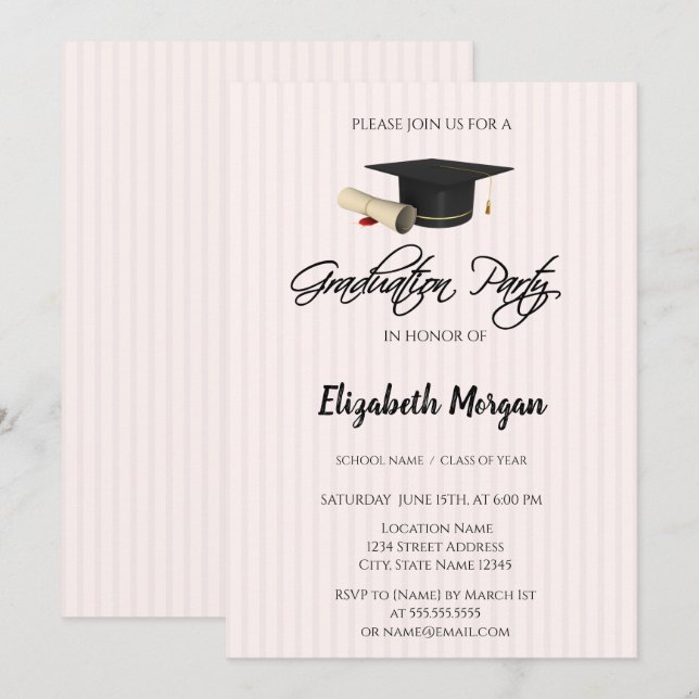 Invitation Diplôme de bonnet de graduation rayé Fête de gradu (Devant / Derrière)