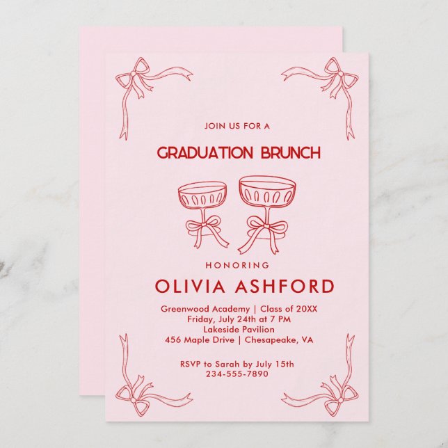 Invitation Diplôme de Brunch élégant rouge et rose (Devant / Derrière)