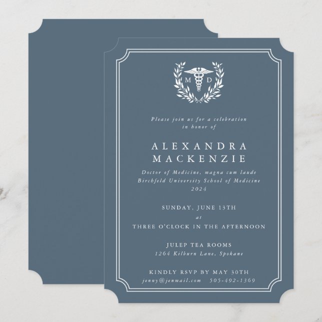 Invitation Diplôme de Caducée Bleu-Gris/Blanc MD (Devant / Derrière)