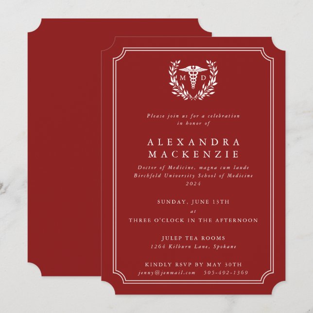Invitation Diplôme de Caducée MD Rouge/Blanc (Devant / Derrière)