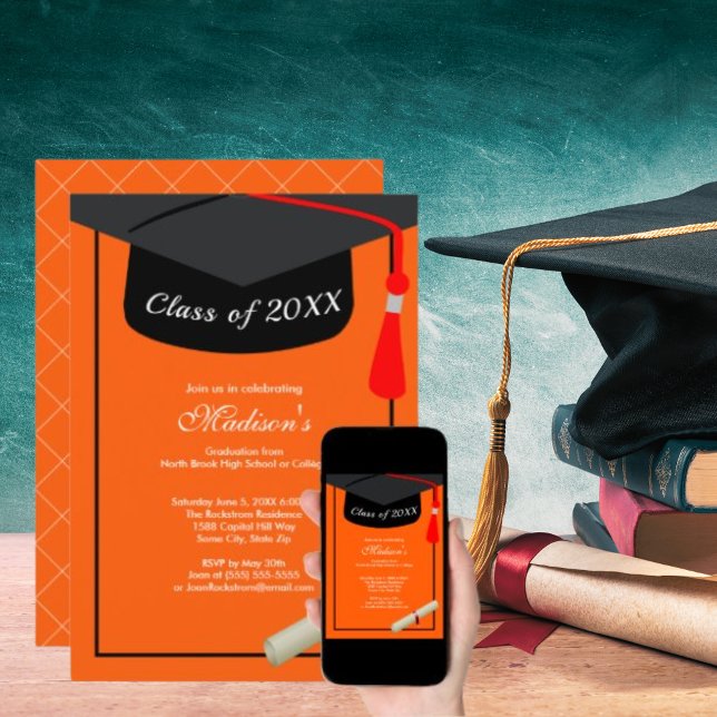 Invitation Diplôme de Casquette noir Orange Graduation Party (Black Grad Cap Diploma Orange Graduation Party Invitation)