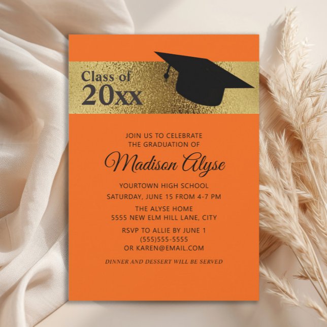 Invitation Diplôme de Casquette orange or noir personnalisé (Orange and gold graduation cap party invitation)