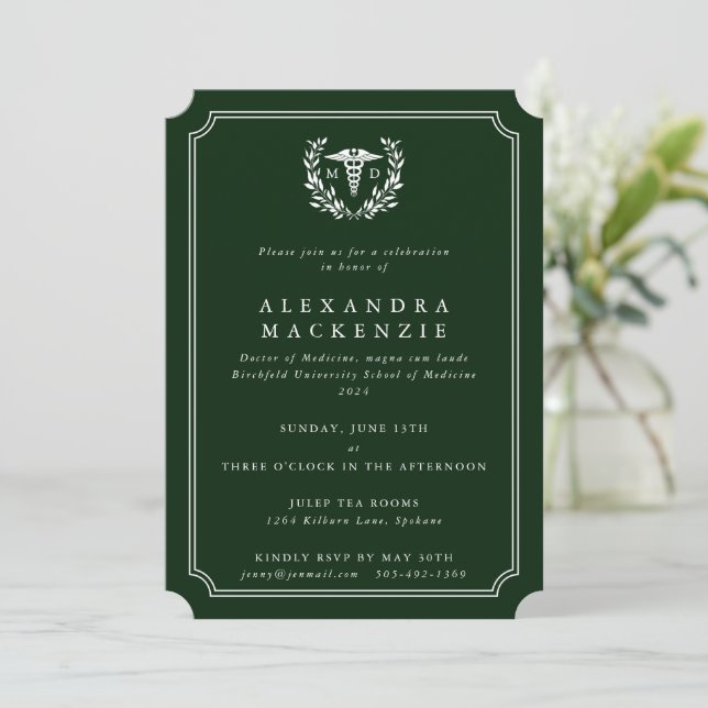 Invitation Diplôme de docteur en médecine vert foncé/blanc Ca (Debout devant)