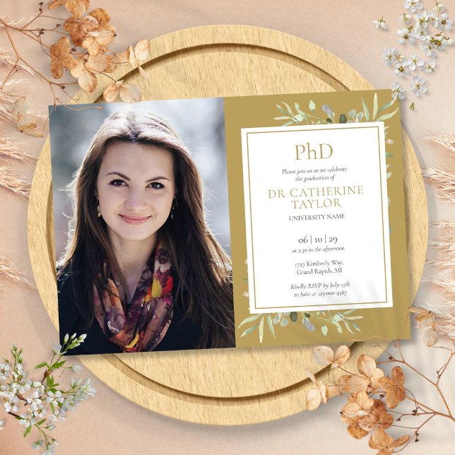 Invitation Diplôme de doctorat en or Feuillage Photo de remis (Gold PhD Degree Greenery Graduation Photo Invitation)