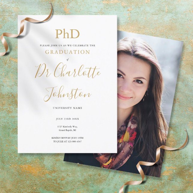 Invitation Diplôme de doctorat Or Script Photo Fête de remise (Créateur téléchargé)