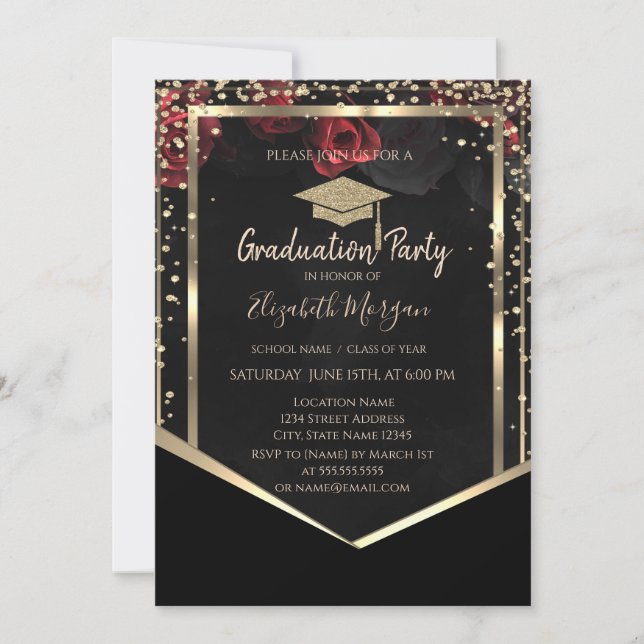 Invitation Diplôme de fin d'études Diamants Or Roses (Devant)