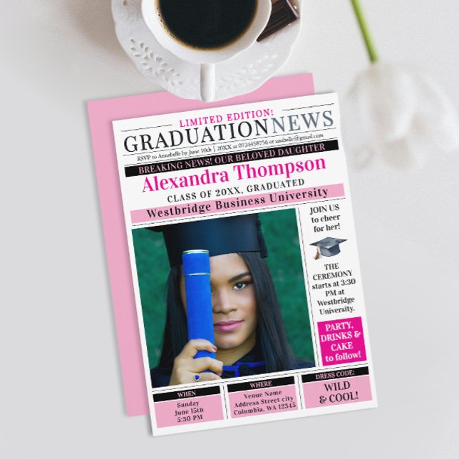Invitation Diplôme de fin d'études en journalisme Rose Chaud  (Créateur téléchargé)