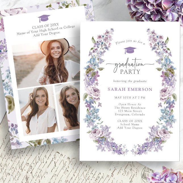 Invitation Diplôme de Fleur sauvage du printemps (Spring Wildflower Graduation Invitation Pictures on back by Painted Paperie
)