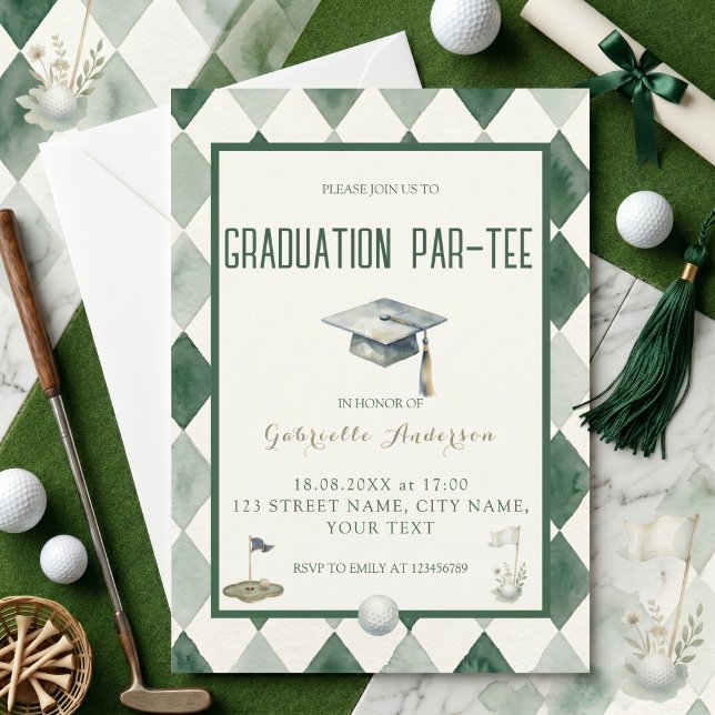 Invitation Diplômé de golf Par-Tee Vert Argyle Aquarelle (Créateur téléchargé)
