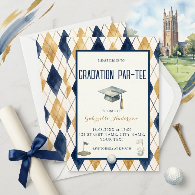 Invitation Diplômé de golf Par-Tee Vert Argyle Aquarelle (Créateur téléchargé)