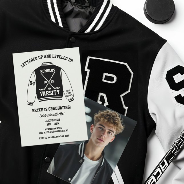 Invitation Diplôme de hockey sur glace Varsity Jacket Party (Hockey Graduation Party Invitation)