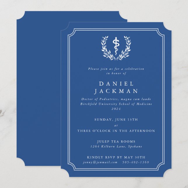 Invitation Diplôme de l'école de médecine Asclepius bleu/blan (Devant / Derrière)