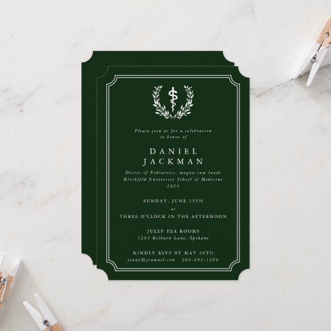 Invitation Diplôme de l'école de médecine Asclepius vert/blan (Devant/Arrière en situation)